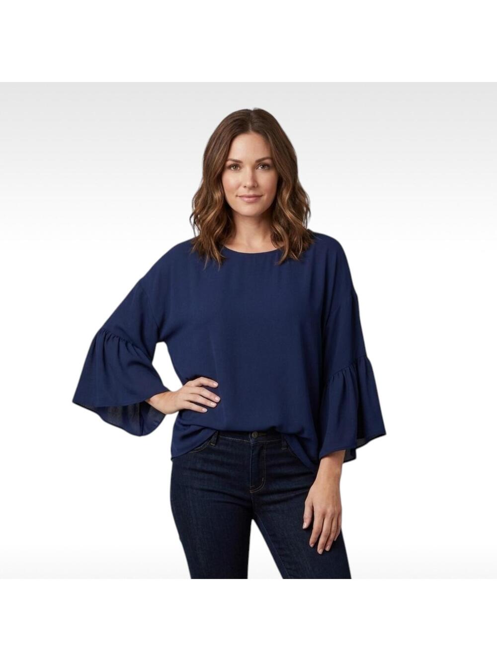 Umgee Size Medium Navy Blue Tiered Bell Sleeve Blouse EUC